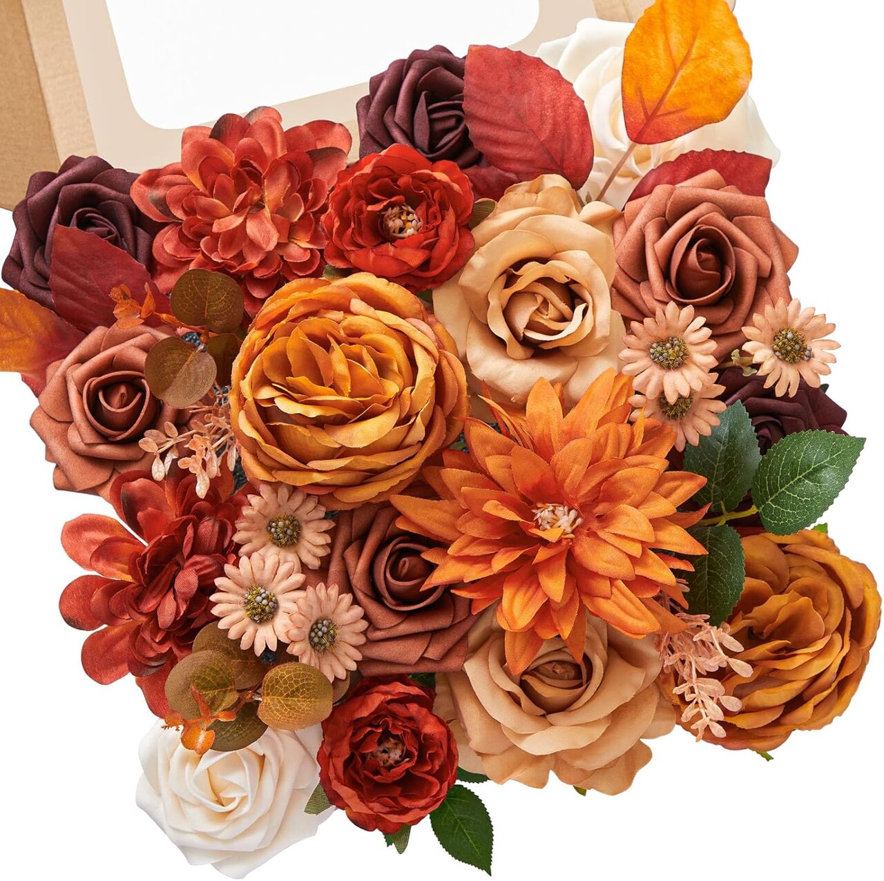 Burnt Orange Fall Artificial Flowers Set, Silk Roses & Peonies DIY Floral Arrangement Kit for Wedding Bouquet, Centerpieces, Cake Flowers, Baby Shower & Home Autumn Decor